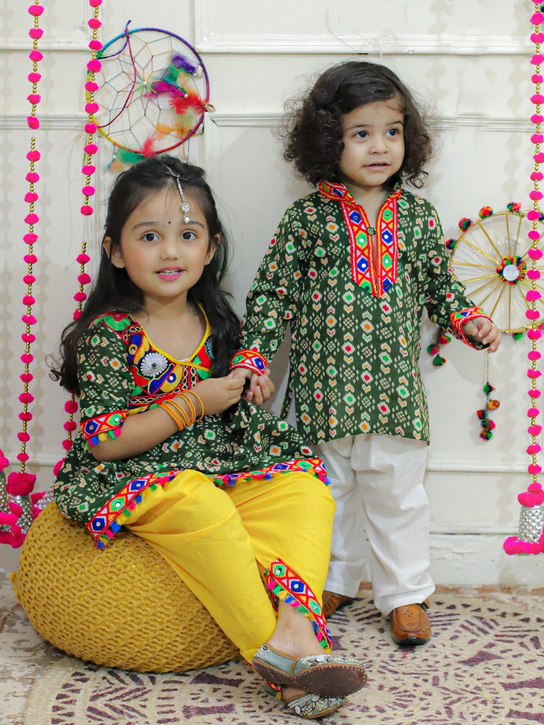 BownBee Embroidered Printed Cotton Kurta with Cotton Pajama