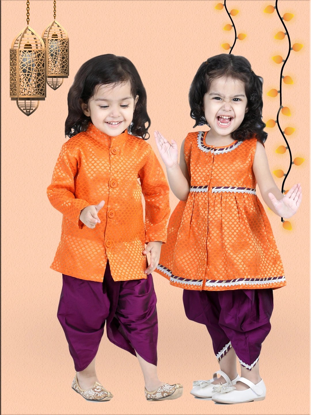 BownBee Sibling Jacquard Full Sleeve Sherwani Dhoti and Top with Dhoti