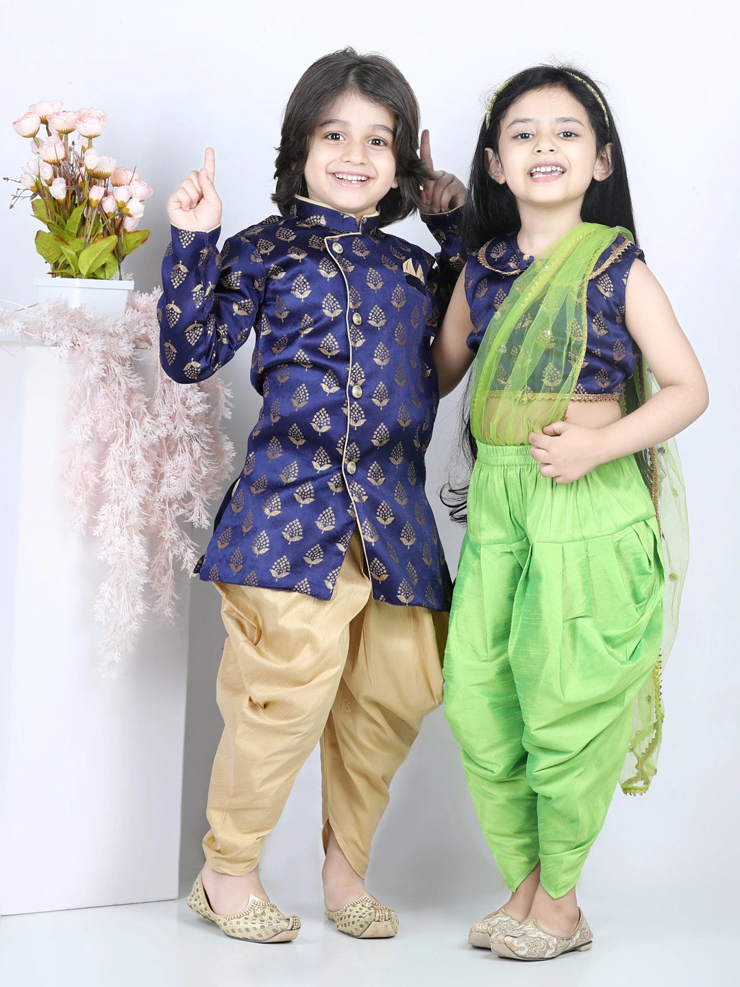BownBee Sibling set Full Sleeve Jacquard Sherwani and Jacquard Top and Dhoti with attached Dupatta