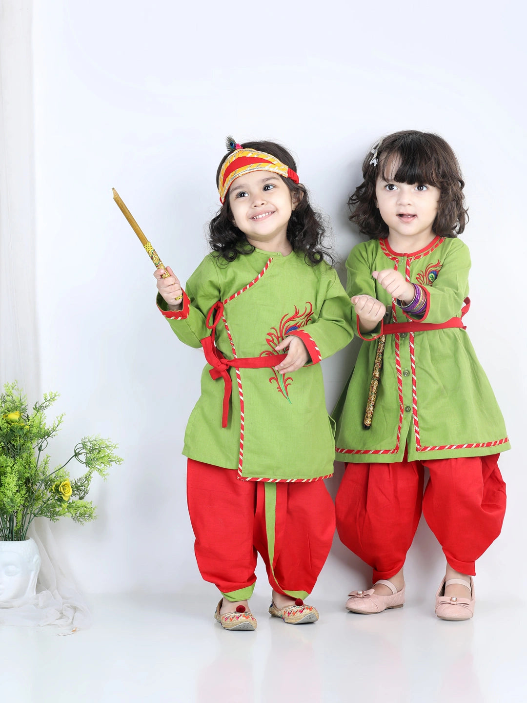 BownBee Cotton Janmasthami Embroidered Kanhaiya Dhoti Kurta for Boys  Dhoti Top Radha with mukut belt bansuri Green