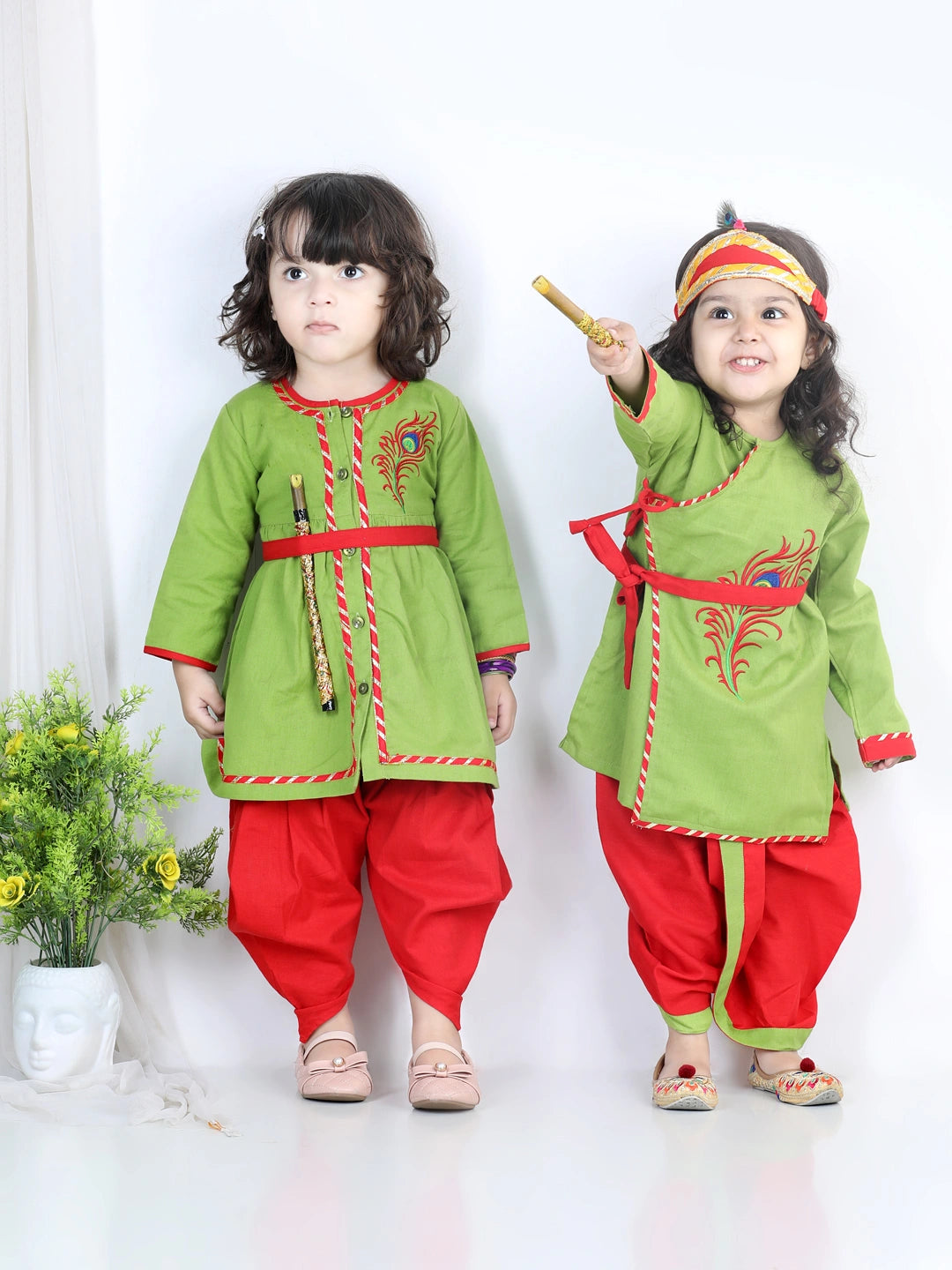 BownBee Cotton Janmasthami Embroidered Kanhaiya Dhoti Kurta for Boys  Dhoti Top Radha with mukut belt bansuri Green