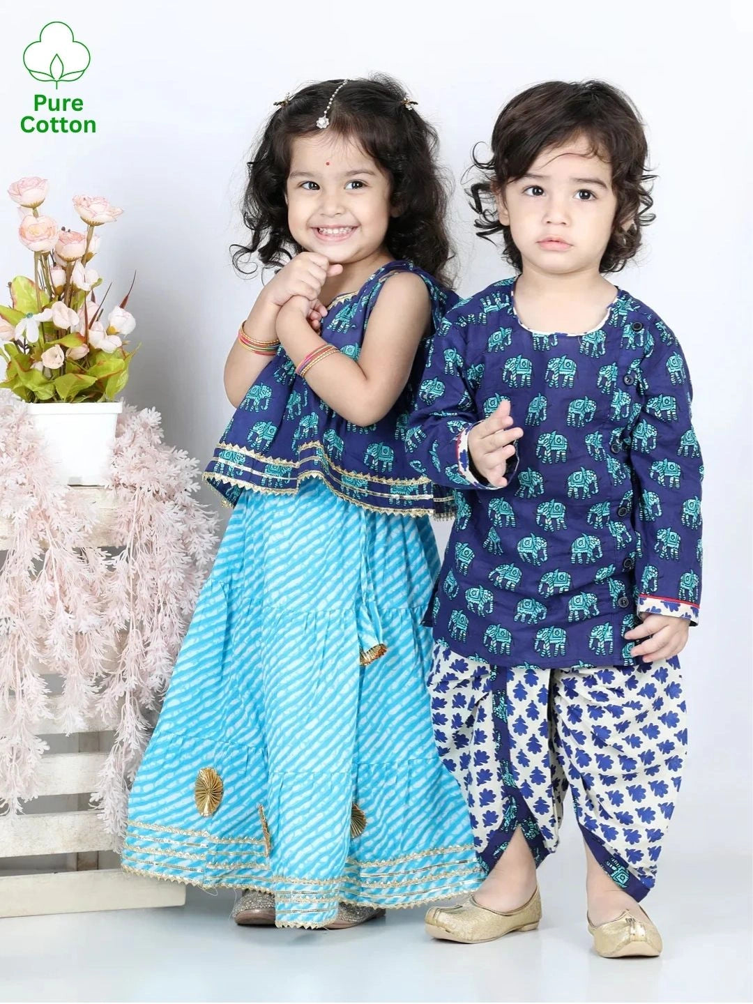 BownBee Sibling Sets Hathi Print Pure Cotton Choli  Leheriya Lehenga for Girls
