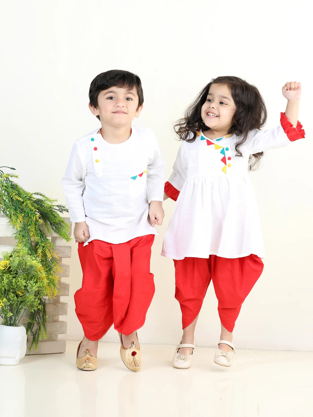 BownBee Sibling  Cotton Dhoti Kurta For Boys Kurti with Dhoti for Girls-White