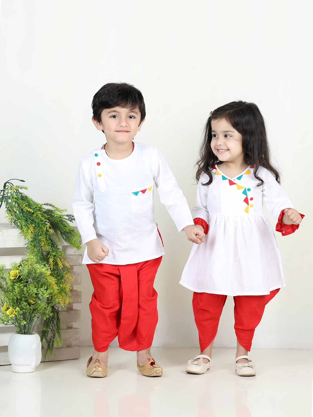 BownBee Sibling  Cotton Dhoti Kurta For Boys Kurti with Dhoti for Girls-White