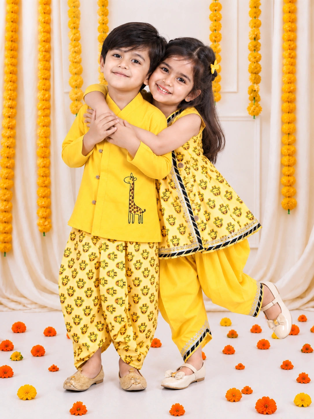 BownBee Sibling Cotton Embroidery Kurta with Printed Dhoti for Boys Printed Top with Dhoti Girls