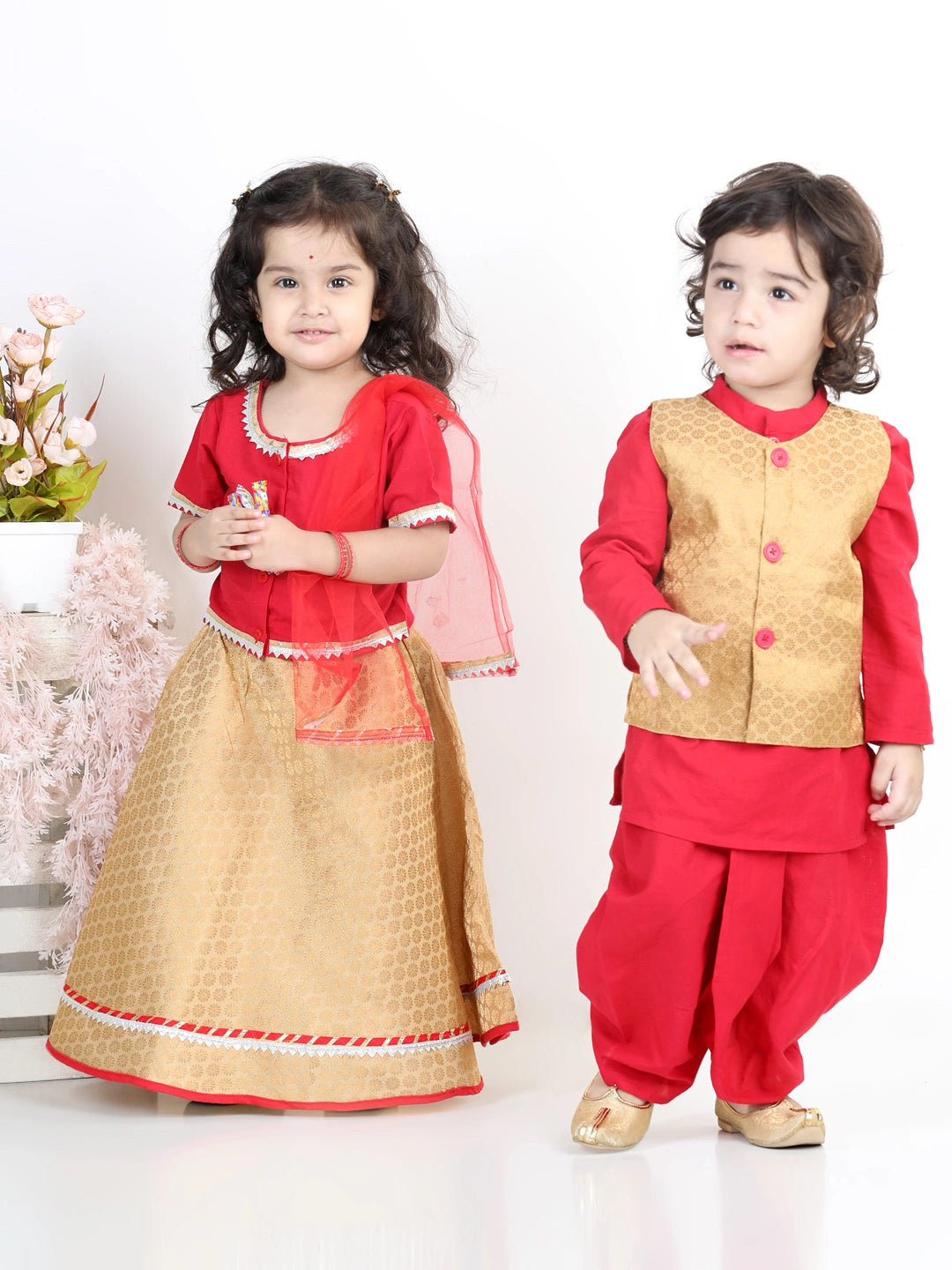 BownBee Sibling Cotton Kurta with Jacket and Front Open Cotton Top With Jacquard Lehenga