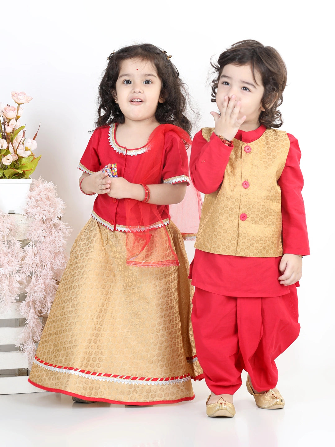 BownBee Sibling Cotton Kurta with Jacket and Front Open Cotton Top With Jacquard Lehenga