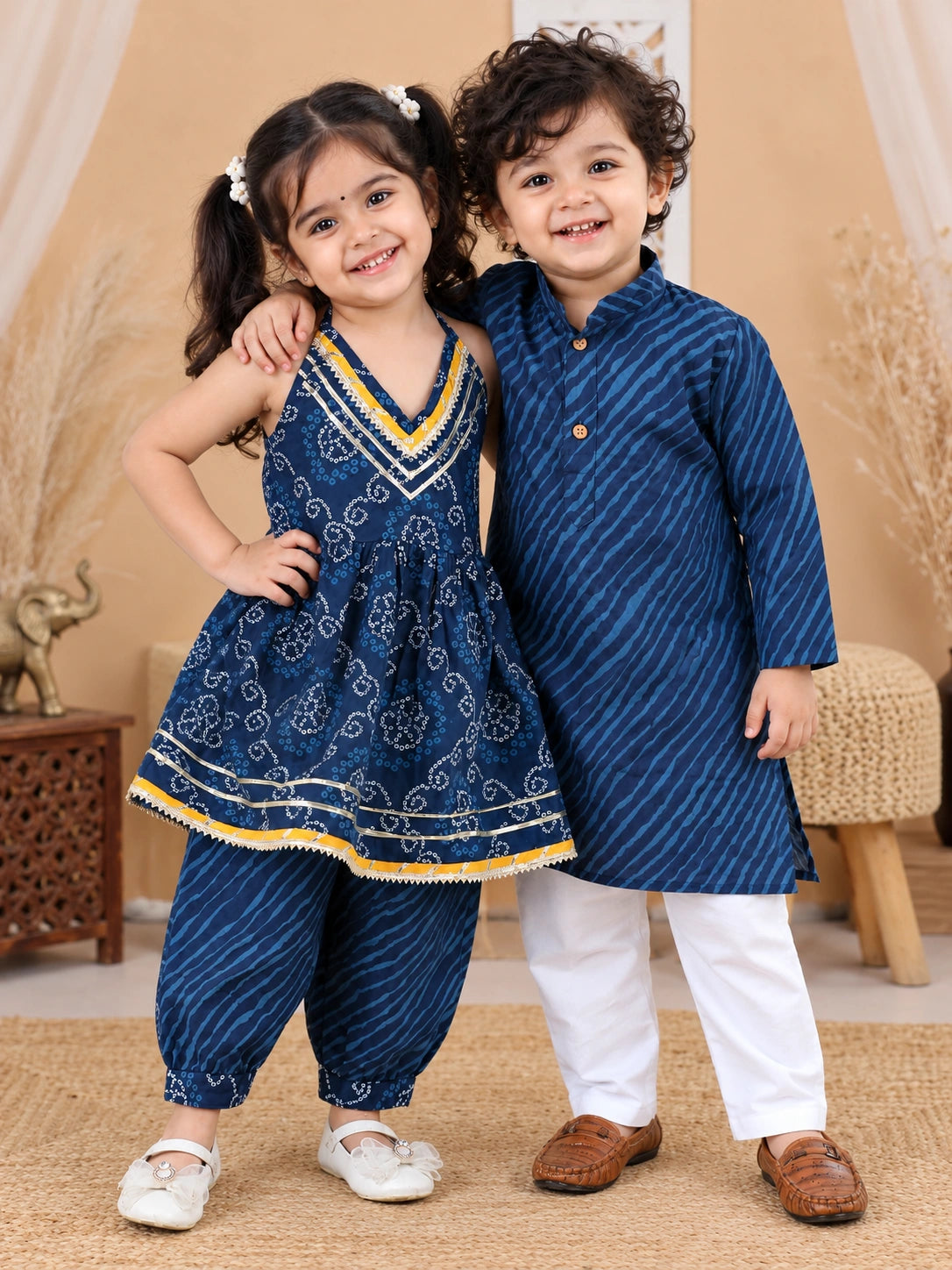 BownBee Pure Cotton Sibling set Kurta Pajama for Boys Halter Neck  Kurti with Harem Dhoti pant  for Girls