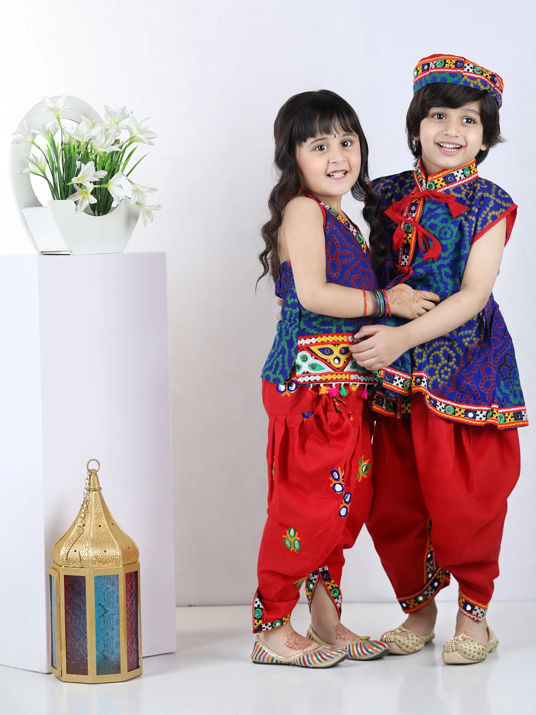 BownBee Printed Navratri Kedia Dhoti and Bandhani Halter Top With Embroidery Dhoti-Blue