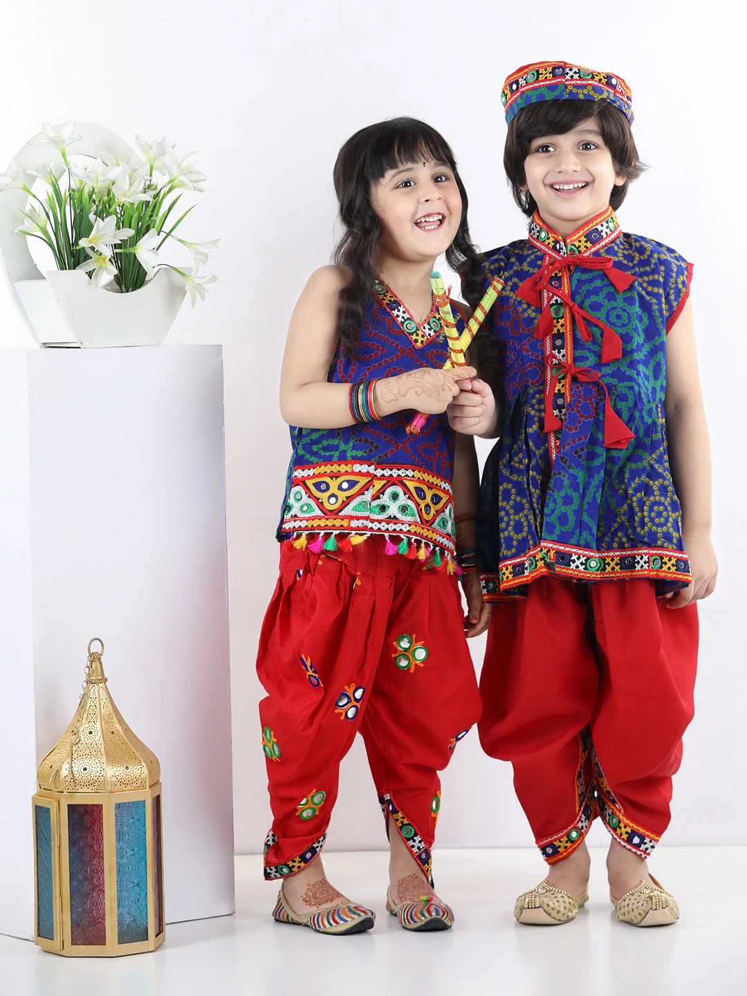 BownBee Printed Navratri Kedia Dhoti and Bandhani Halter Top With Embroidery Dhoti-Blue