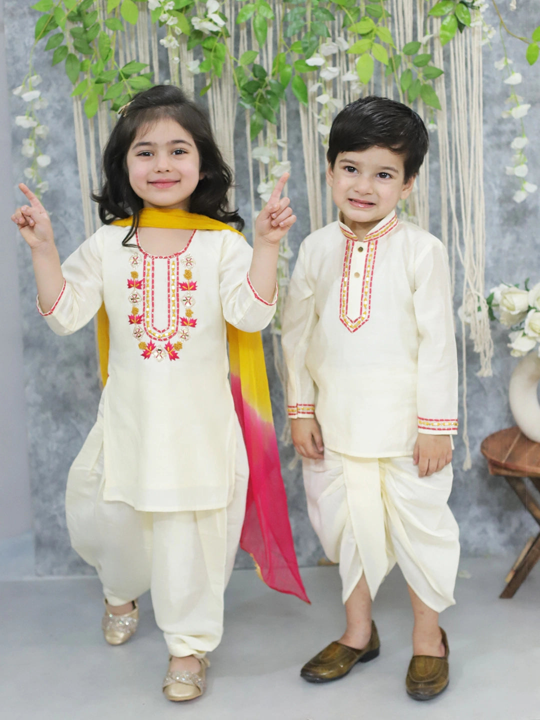 BownBee Sibling Set Embroidered Full Sleeve Dhoti Kurta for Boys and Embroidered Kurti with Salwar and Dupatta for Girls