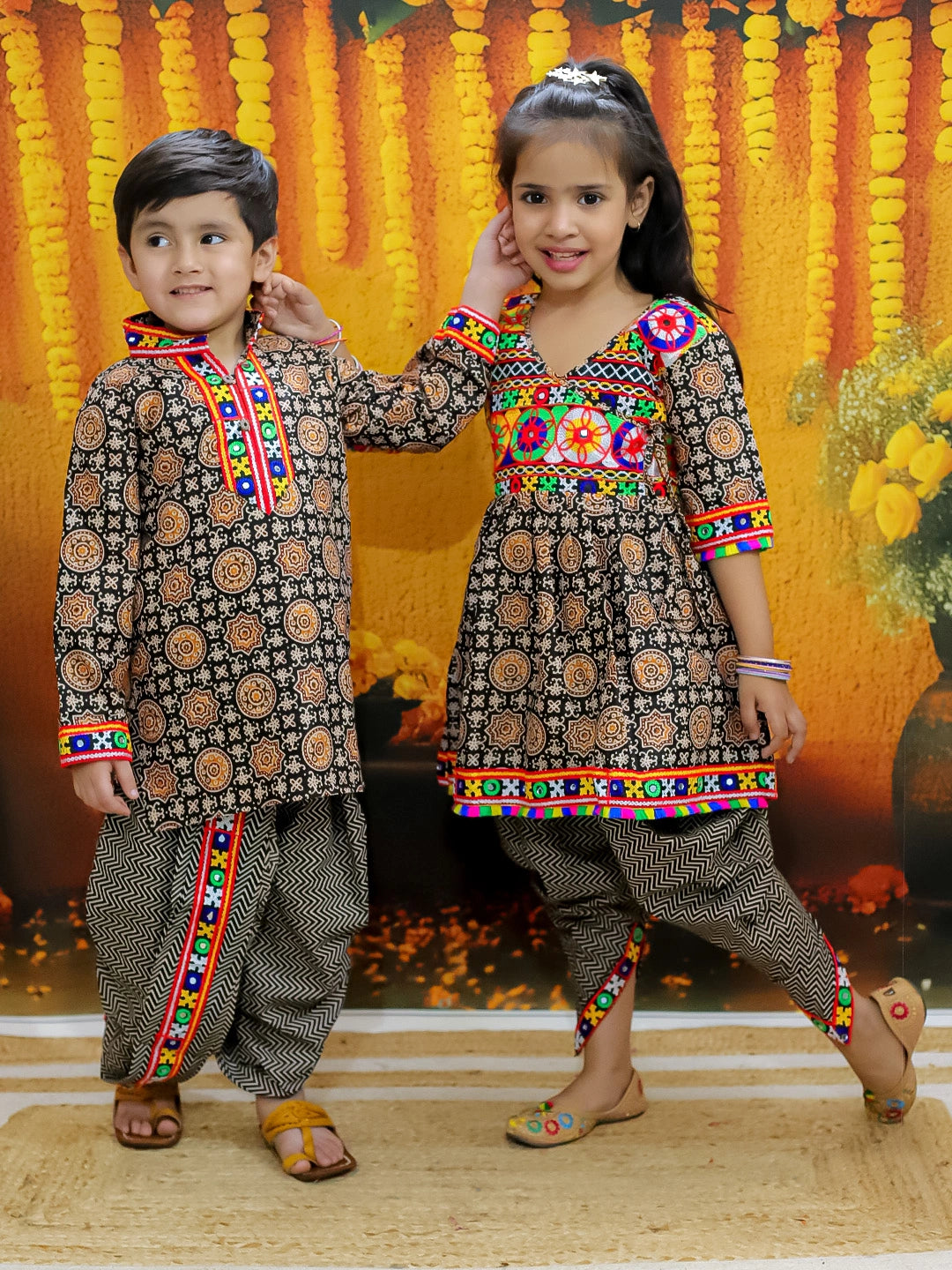 BownBee Embroidered Kurta Dhoti Set for Boys with Embroidered Top Dhoti Set for Girls- Black