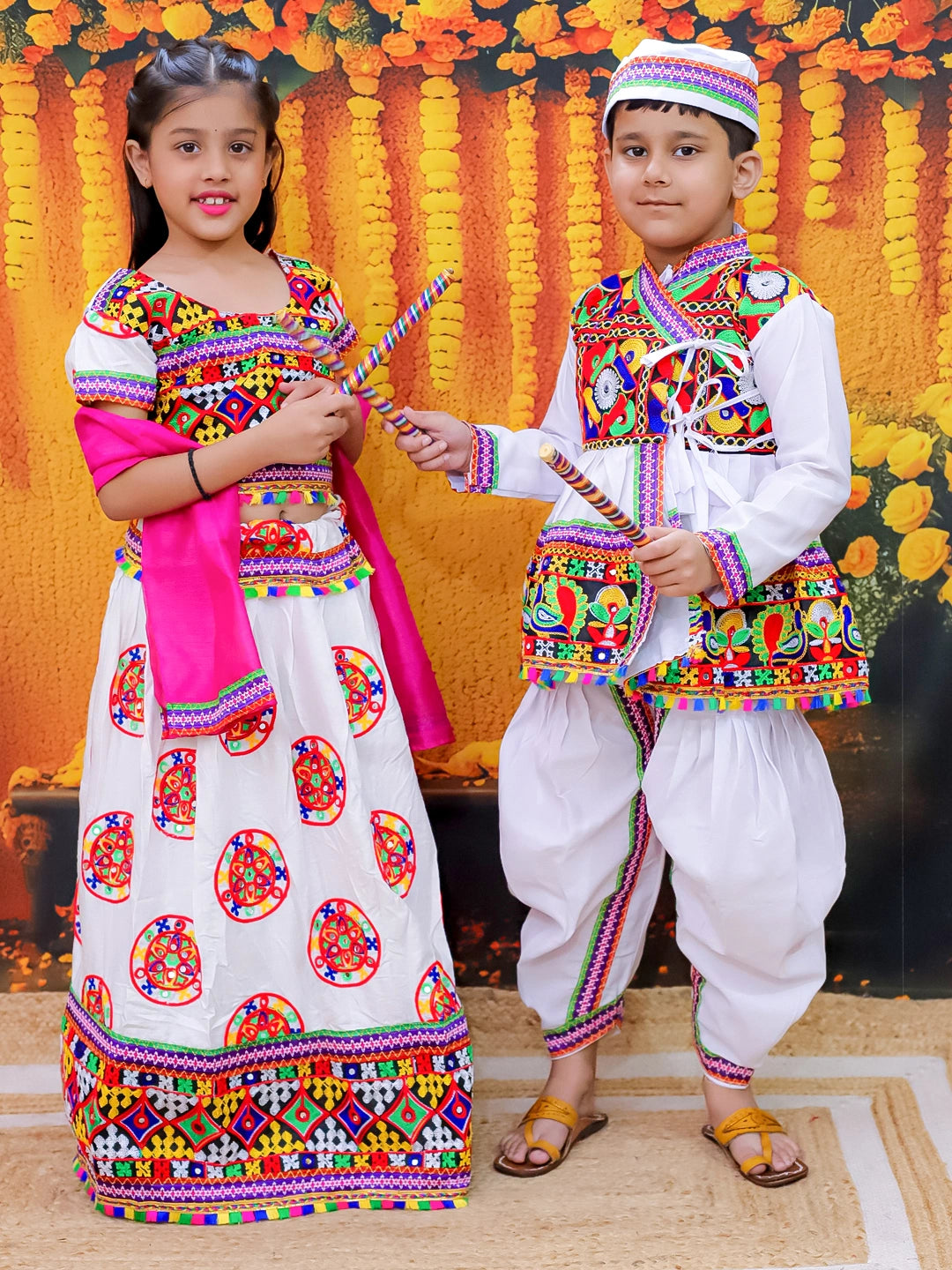 Embroidered Kedia Dhoti Cap Set for Boys with Embroidered Lehenga Half Sleeve Choli Dupatta Set for Girls- White