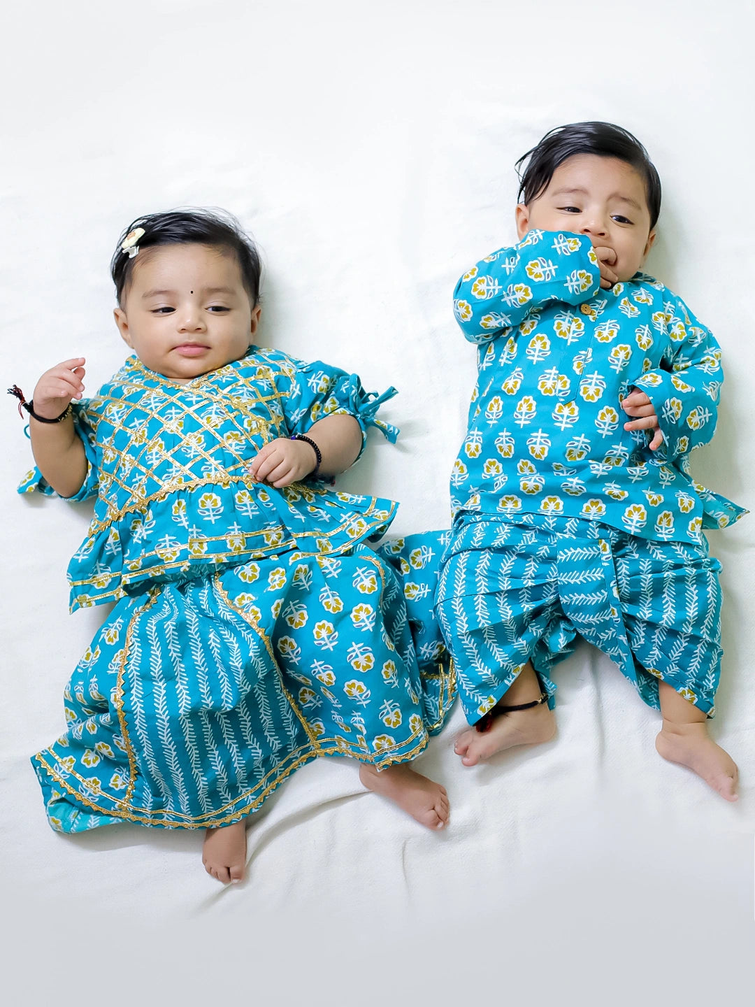 BownBee Pure Cotton Printed Kurta Dhoti Set for Boys With Pure Cotton Lehenga Choli for Girls