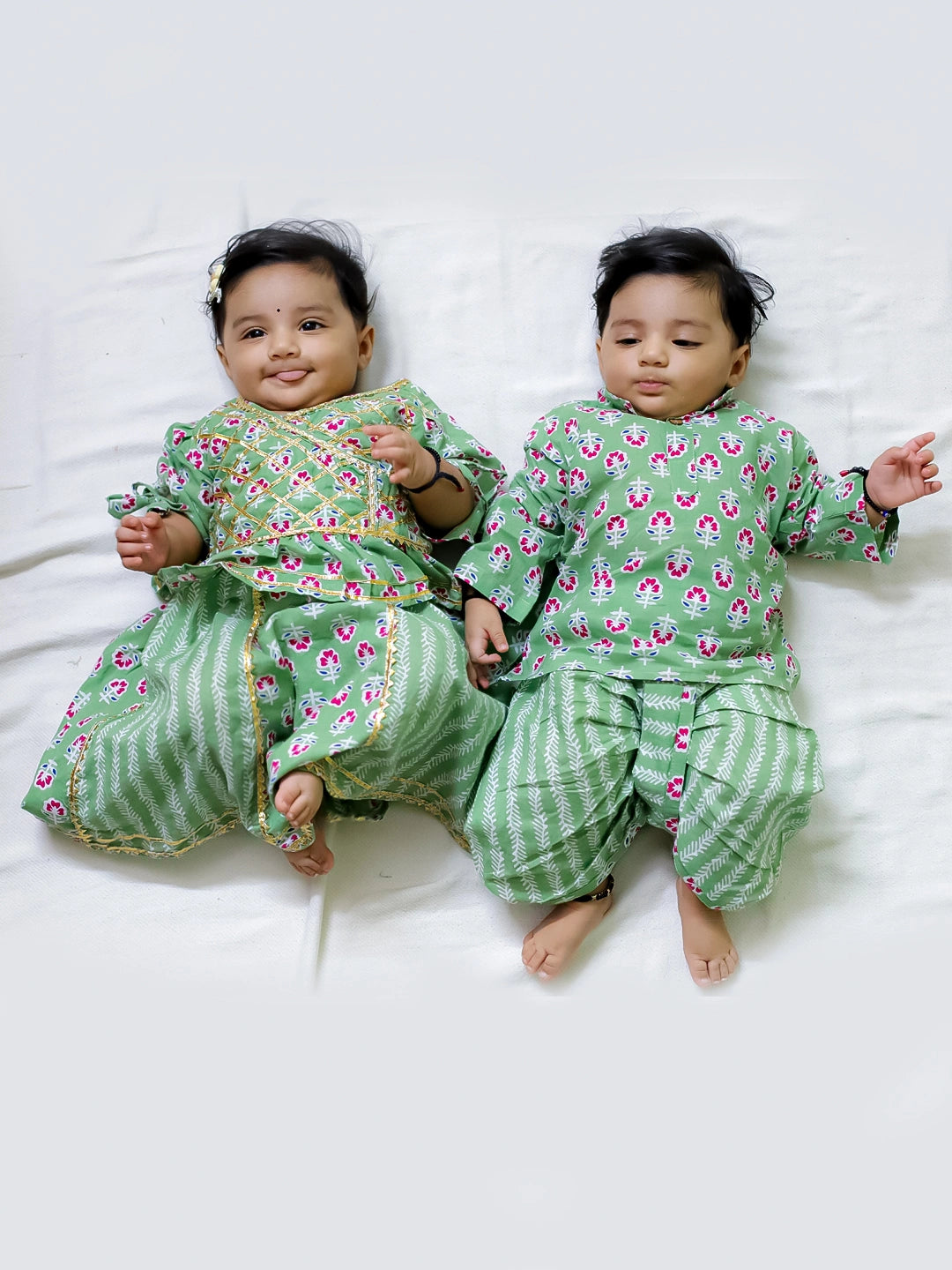 BownBee Pure Cotton Printed Kurta Dhoti Set for Boys With Pure Cotton Lehenga Choli for Girls