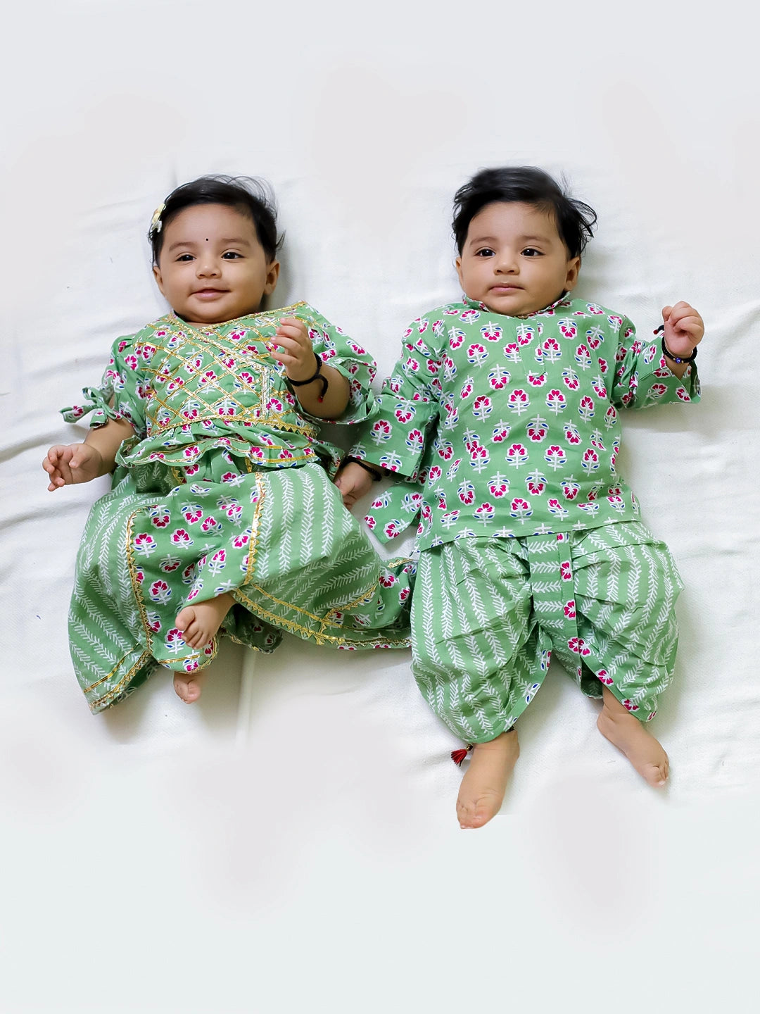 BownBee Pure Cotton Printed Kurta Dhoti Set for Boys With Pure Cotton Lehenga Choli for Girls