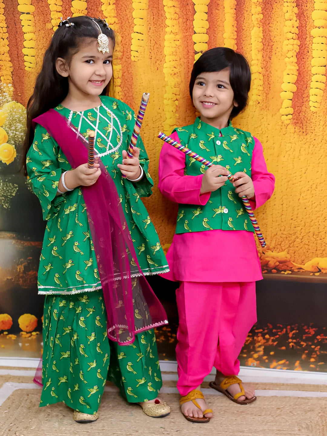 BownBee Pure Cotton Jacket Kurta Dhoti with Kurti Sharara Dupatta Set