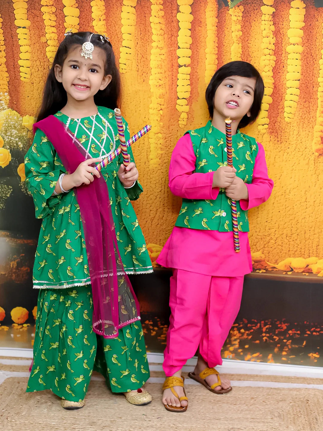 BownBee Pure Cotton Jacket Kurta Dhoti with Kurti Sharara Dupatta Set