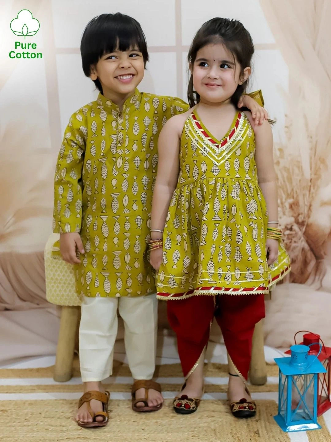 BownBee Sibling Set Fish Print Pure Cotton Kurta Pajama with Halter Neck Top Dhoti