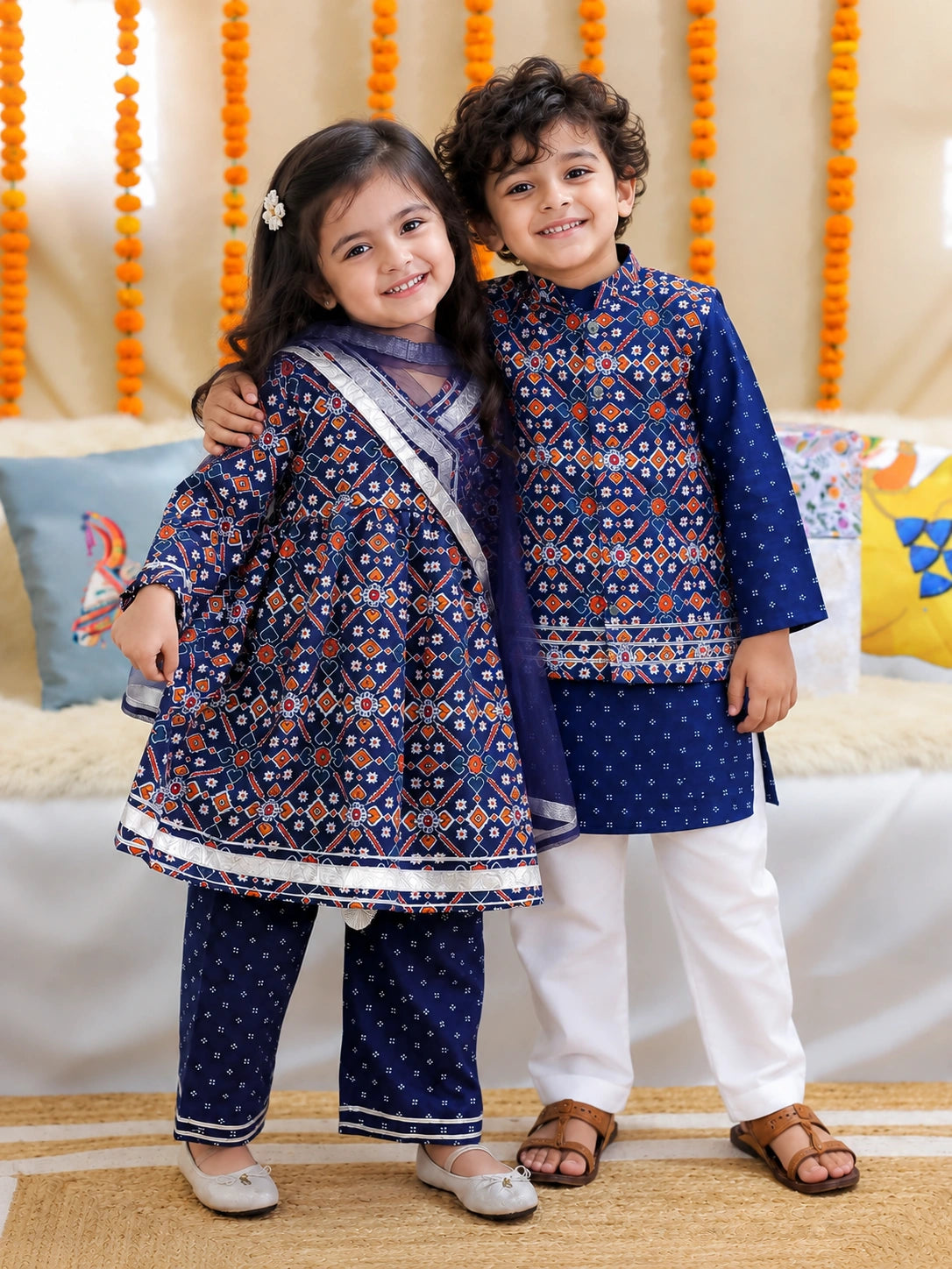 BownBee Sibling Set Pure Cotton Jacket Kurta Pajama with Angrakha Kurti Pant Dupatta Set