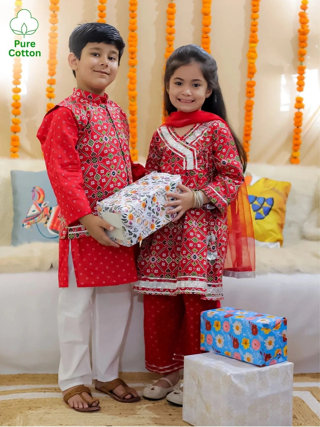 BownBee Sibling Set Pure Cotton Jacket Kurta Pajama with Angrakha Kurti Pant Dupatta Set