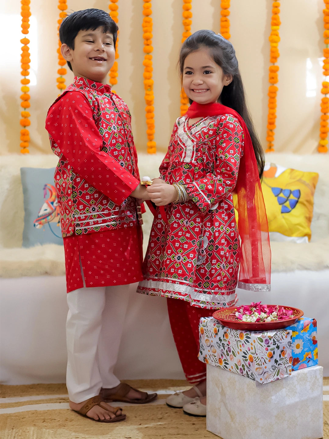 BownBee Sibling Set Pure Cotton Jacket Kurta Pajama with Angrakha Kurti Pant Dupatta Set- Red