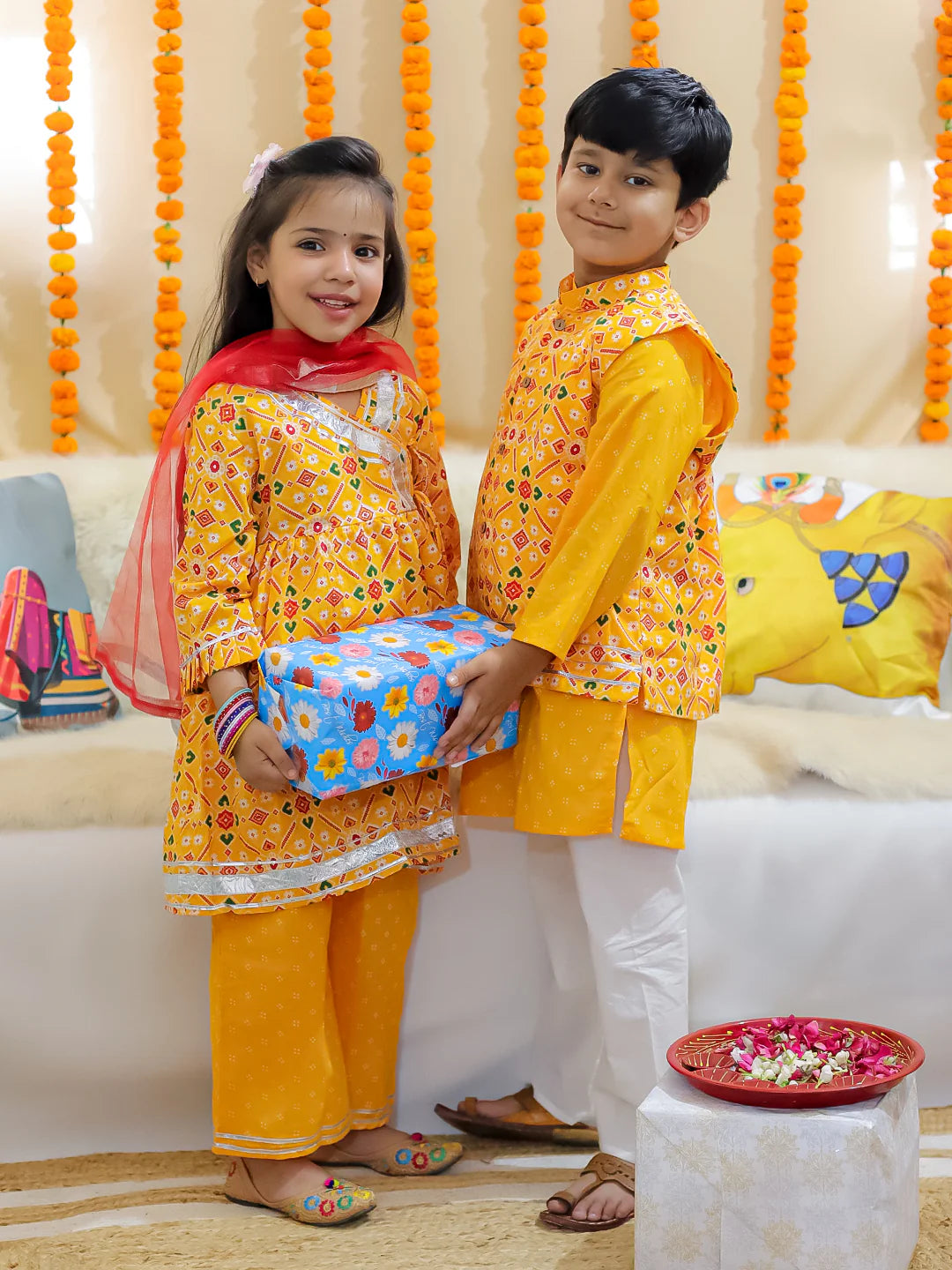 BownBee Sibling Set Pure Cotton Jacket Kurta Pajama with Angrakha Kurti Pant Dupatta Set