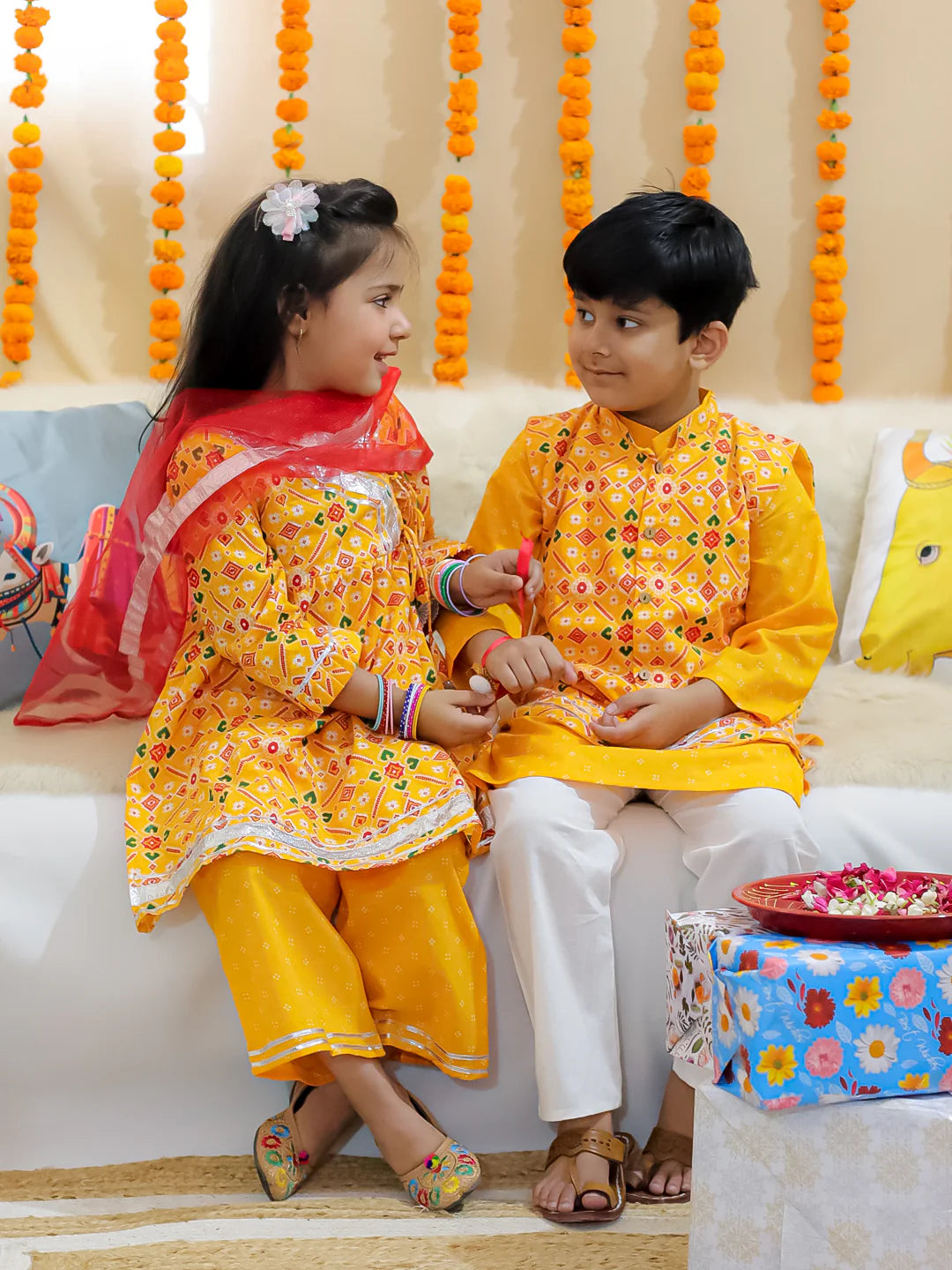 BownBee Sibling Set Pure Cotton Jacket Kurta Pajama with Angrakha Kurti Pant Dupatta Set