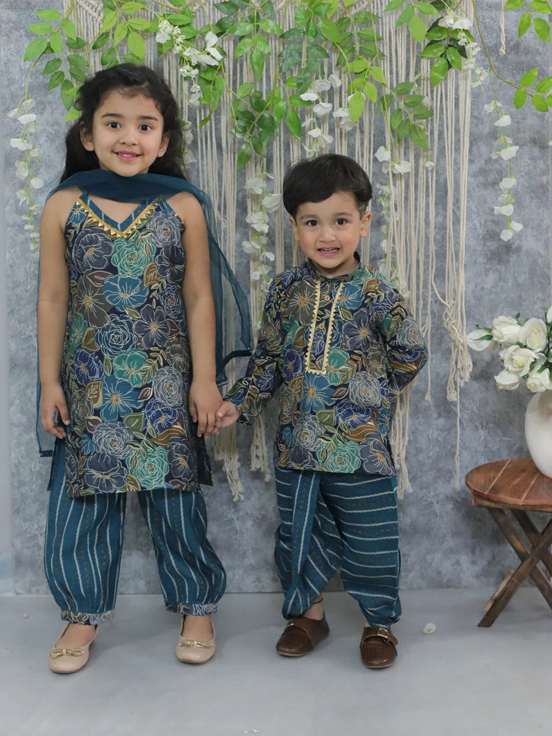 BownBee Sibling Set Pure Cotton Printed Halter Neck Kurti with Harem Pants & Dupatta and Pure Cotton Printed Full Sleeve Kurta Dhoti for Boys