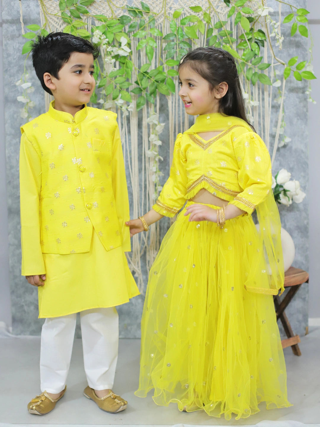 BownBee Sibling Set Jacquard Jacket with Full Sleeve Cotton Kurta Pajama for Boys- Yellow with Pure Chanderi 3/4th Sleeve Top with Lehenga & Dupatta- Yellow