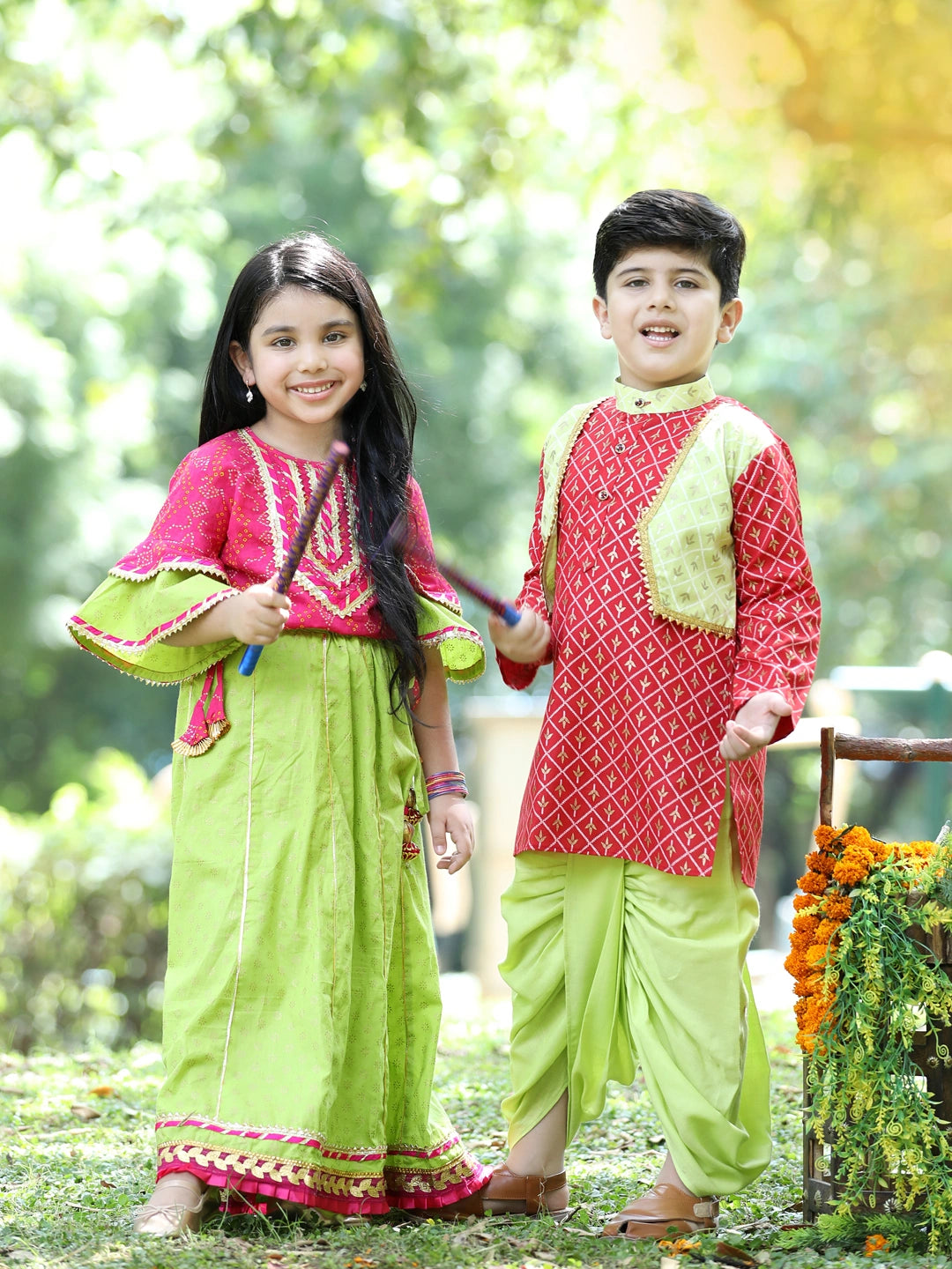 BownBee Sibling Set Foil Print Full Sleeve Cotton Dhoti Kurta