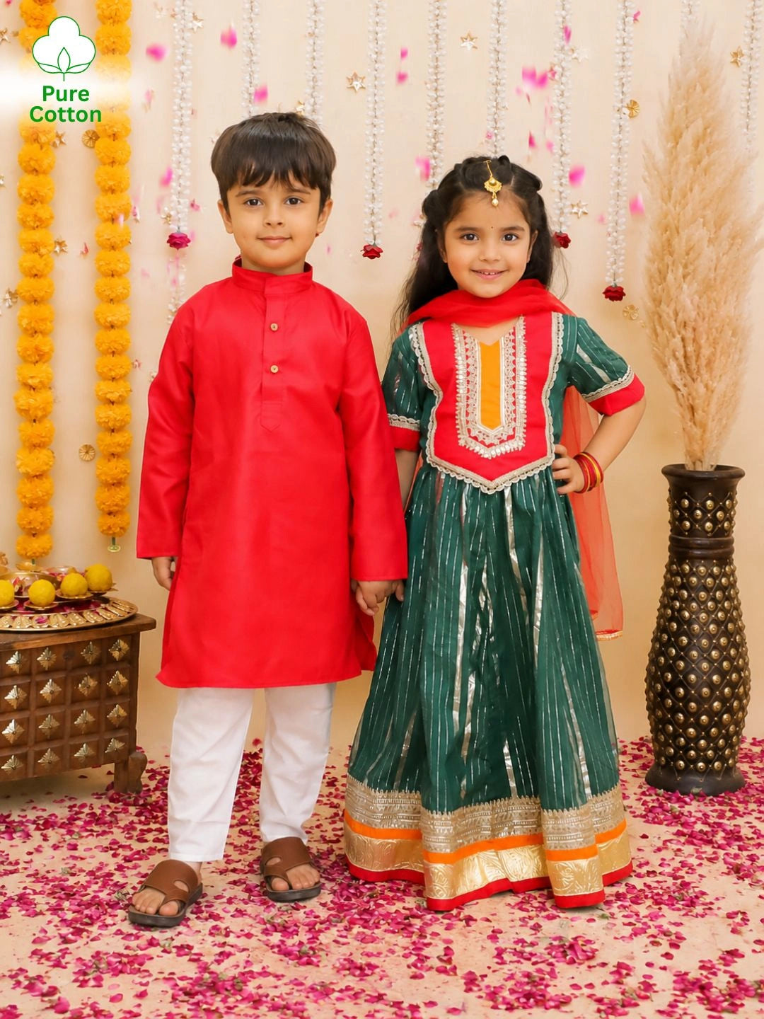 BownBee Cotton Kurta Pajam & Lehenga Choli With Dupatta Sibling Set