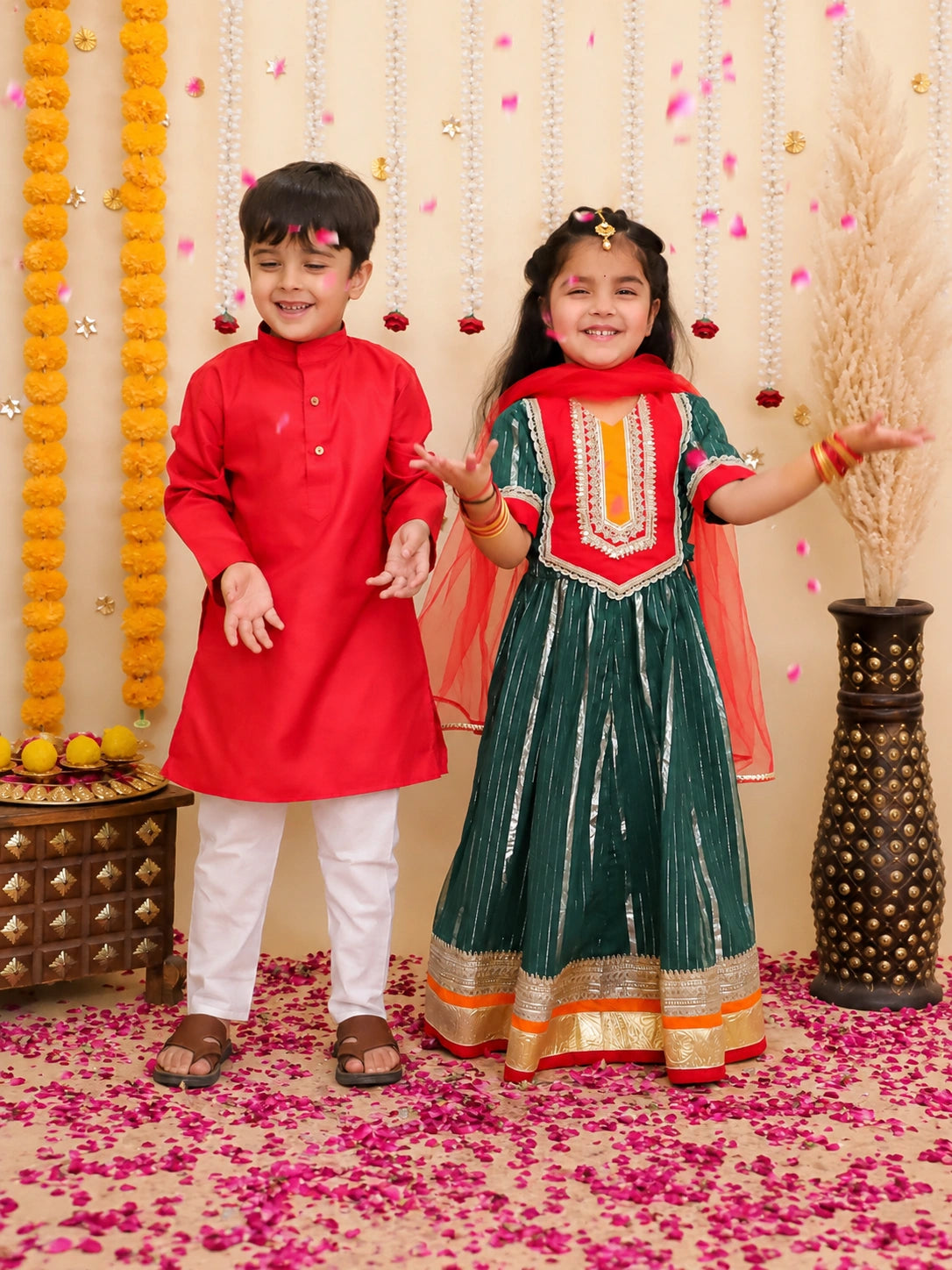 BownBee Cotton Kurta Pajam & Lehenga Choli With Dupatta Sibling Set