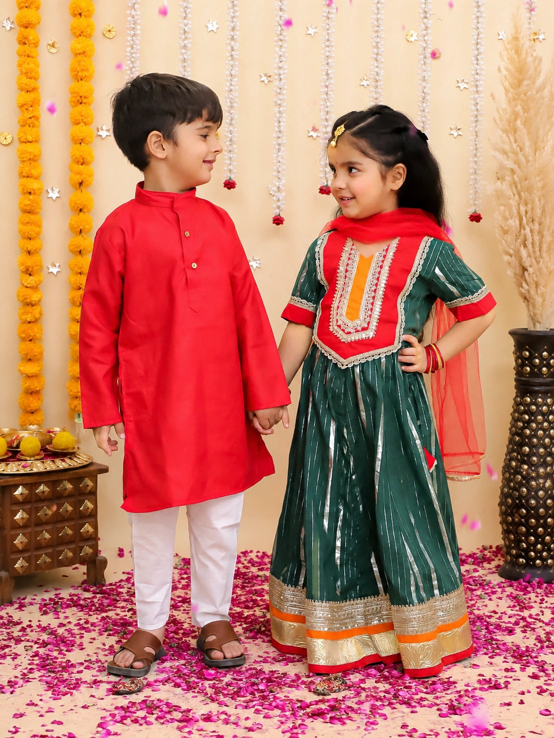 BownBee Cotton Kurta Pajam & Lehenga Choli With Dupatta Sibling Set