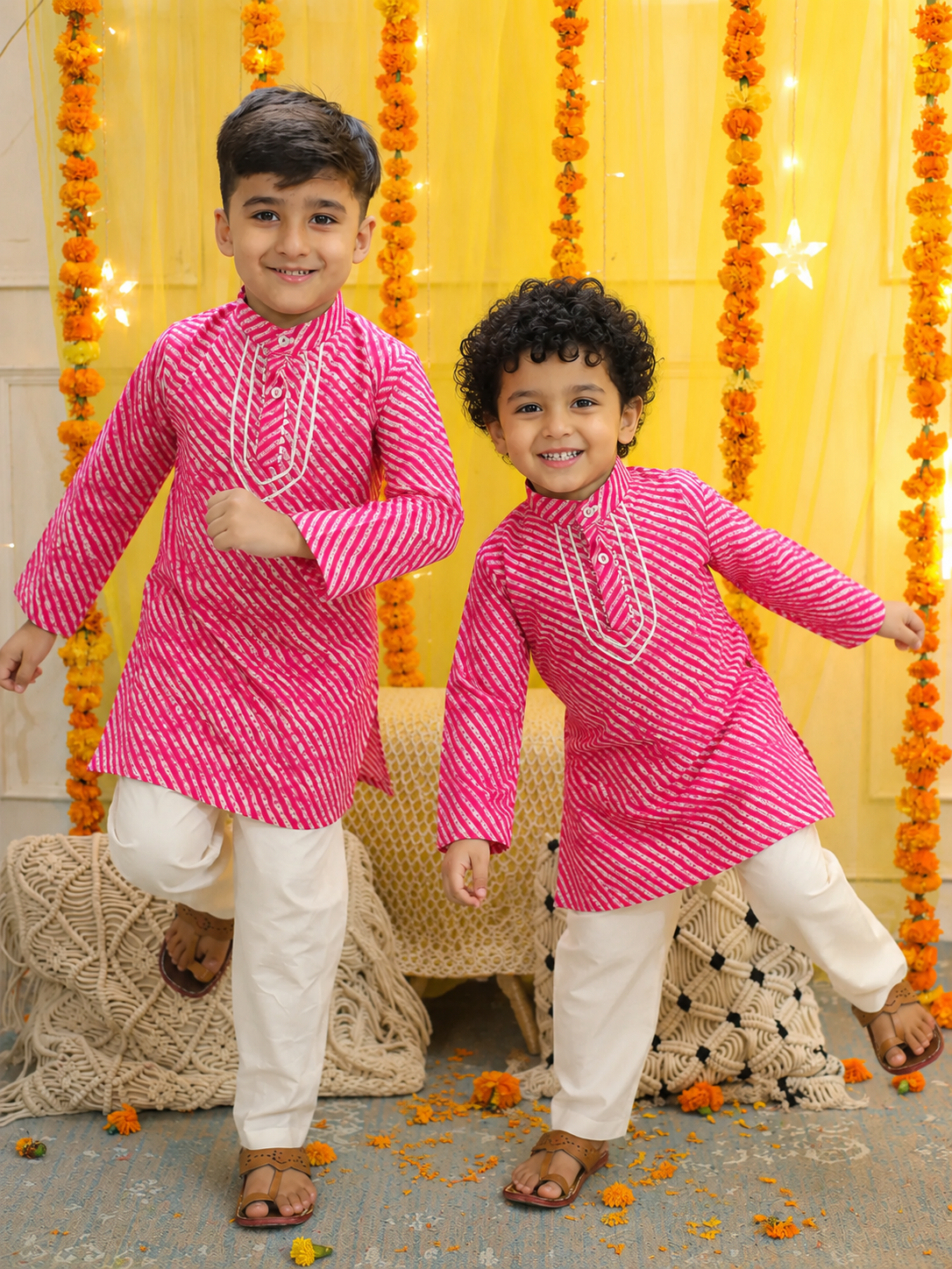 BownBee Pure Cotton Full Sleeve Kurta Pajama Sibling Set Combo - Pink