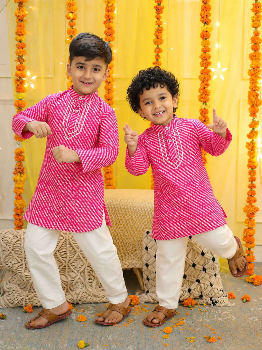 BownBee Pure Cotton Full Sleeve Kurta Pajama Sibling Set Combo - Pink