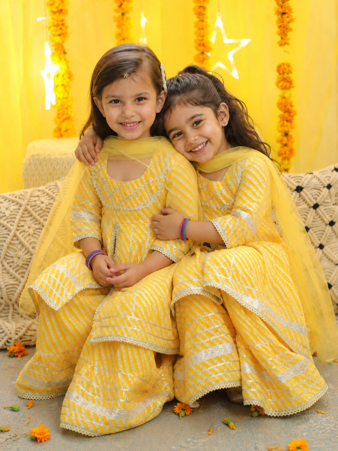 BownBee Pure Cotton Ethnic suit With Dupattaet Sibling Set Combo - Yellow
