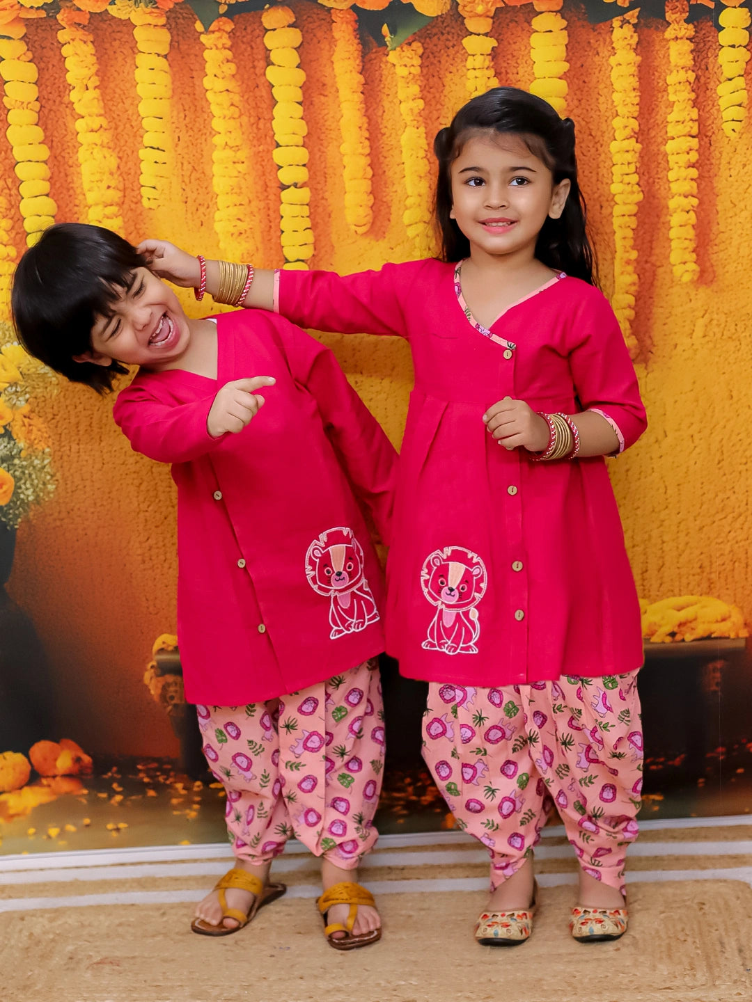 BownBee Pure Cotton Embroidered Kurta Dhoti Set for Boys with Embroidered Top Dhoti Set for Girls - Pink