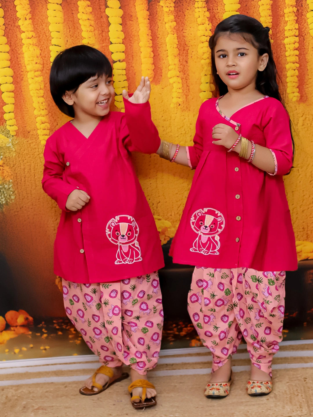 BownBee Pure Cotton Embroidered Kurta Dhoti Set for Boys with Embroidered Top Dhoti Set for Girls - Pink