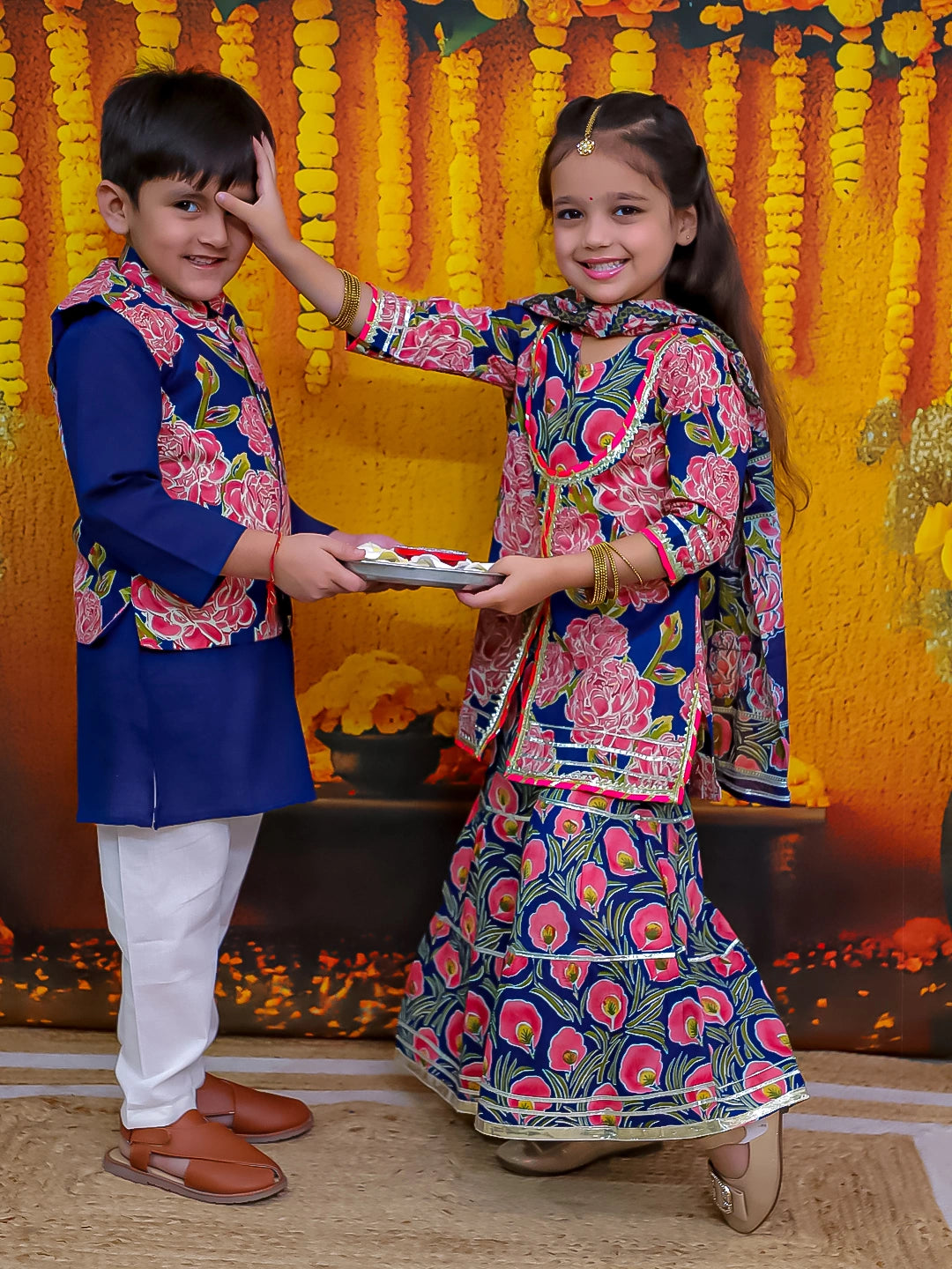 BownBee Pure Cotton Kurta Pajama Printed Jacket Set for Boys with Printed Kurta Sharara Dupatta Set for Girls- Blue