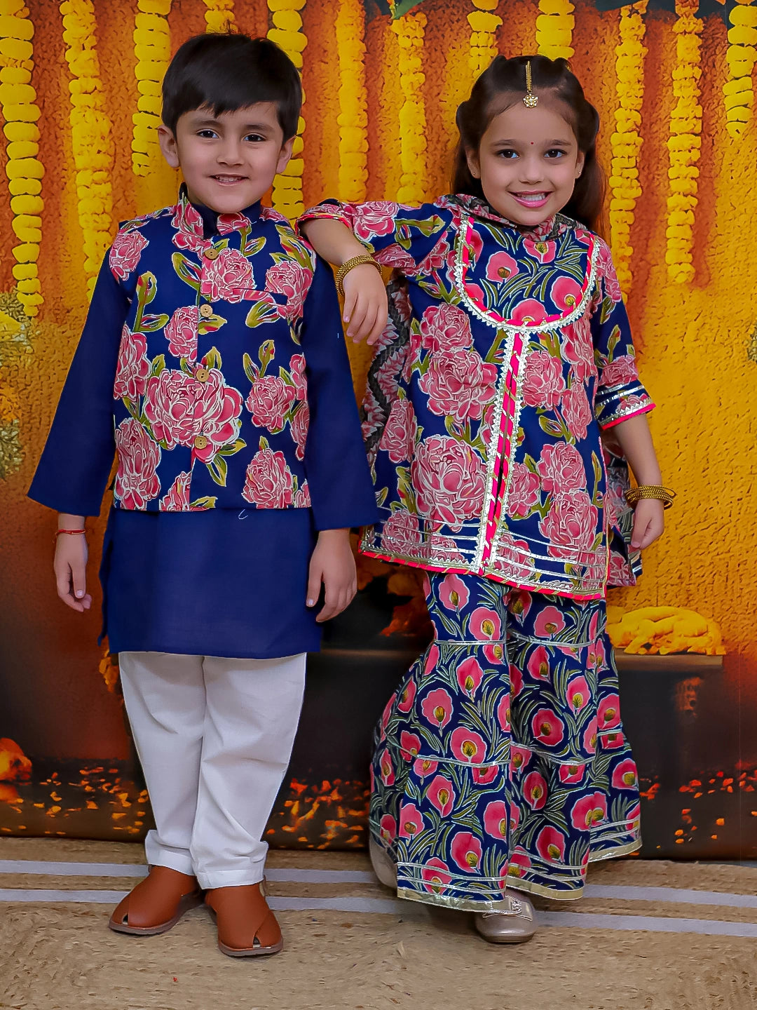 BownBee Pure Cotton Kurta Pajama Printed Jacket Set for Boys with Printed Kurta Sharara Dupatta Set for Girls- Blue