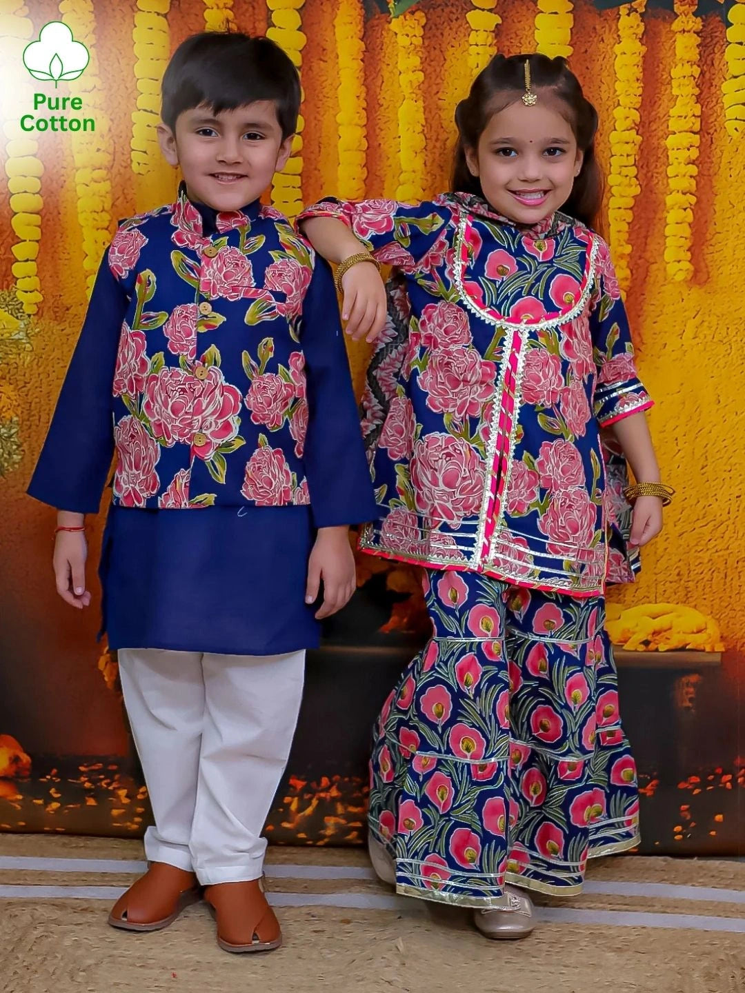 BownBee Pure Cotton Kurta Pajama Printed Jacket Set for Boys with Printed Kurta Sharara Dupatta Set for Girls