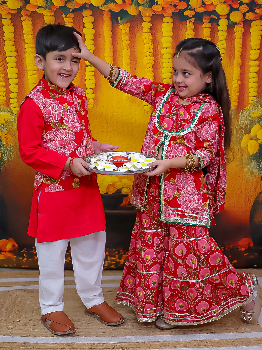 BownBee Pure Cotton Kurta Pajama Printed Jacket Set for Boys with Printed Kurta Sharara Dupatta Set for Girls