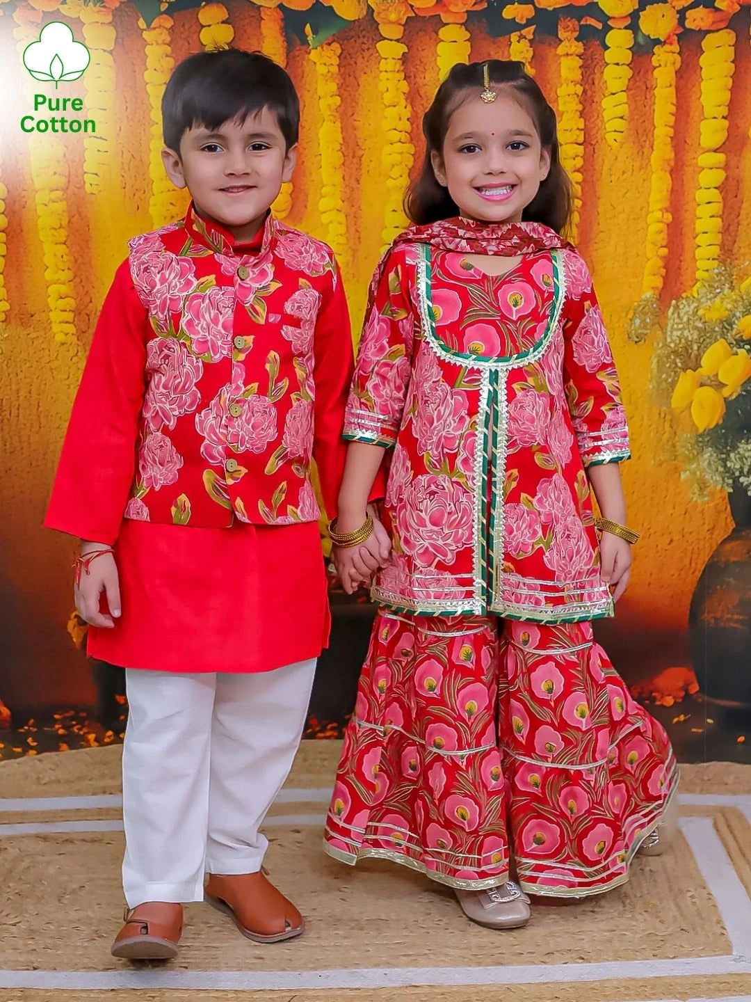 BownBee Pure Cotton Kurta Pajama Printed Jacket Set for Boys with Printed Kurta Sharara Dupatta Set for Girls