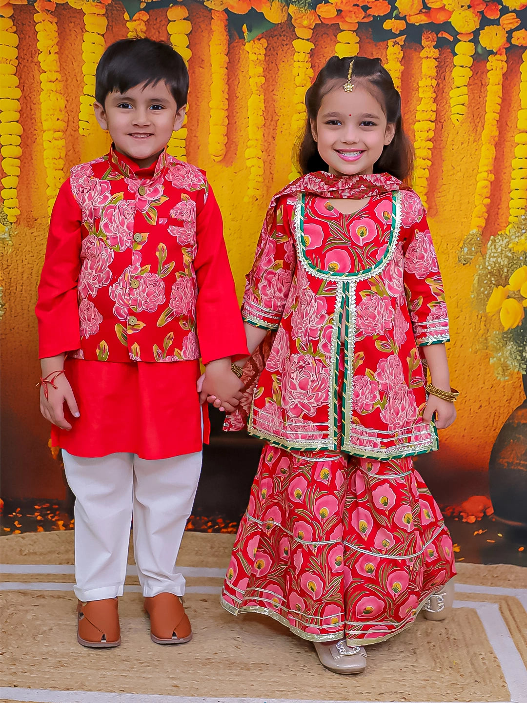 BownBee Pure Cotton Kurta Pajama Printed Jacket Set for Boys with Printed Kurta Sharara Dupatta Set for Girls