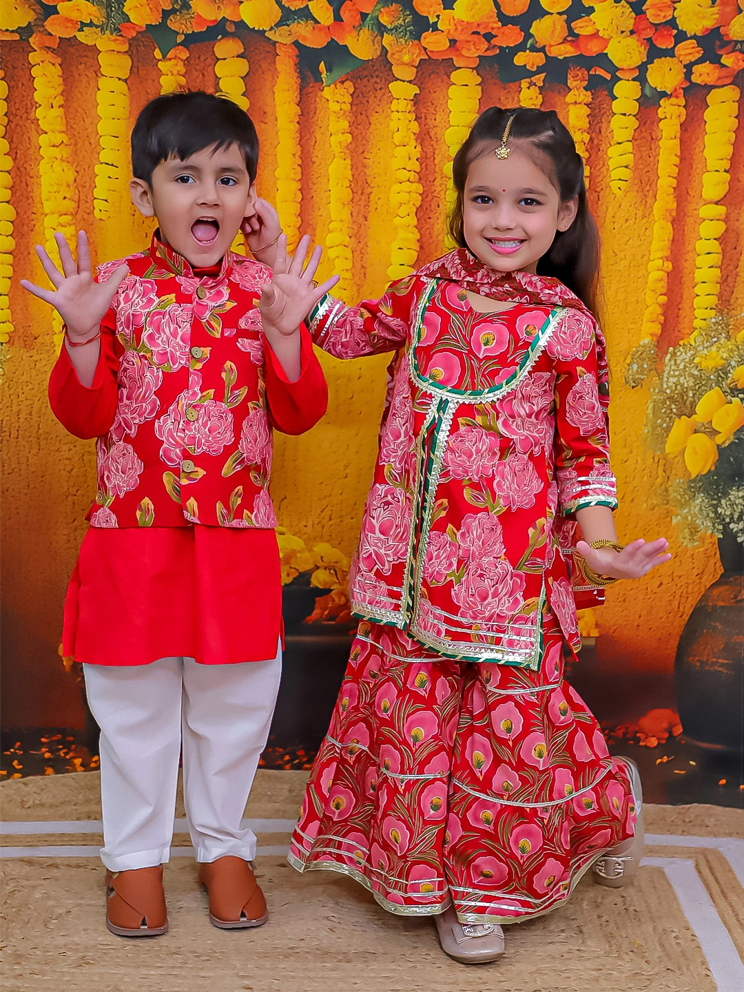 BownBee Pure Cotton Kurta Pajama Printed Jacket Set for Boys with Printed Kurta Sharara Dupatta Set for Girls