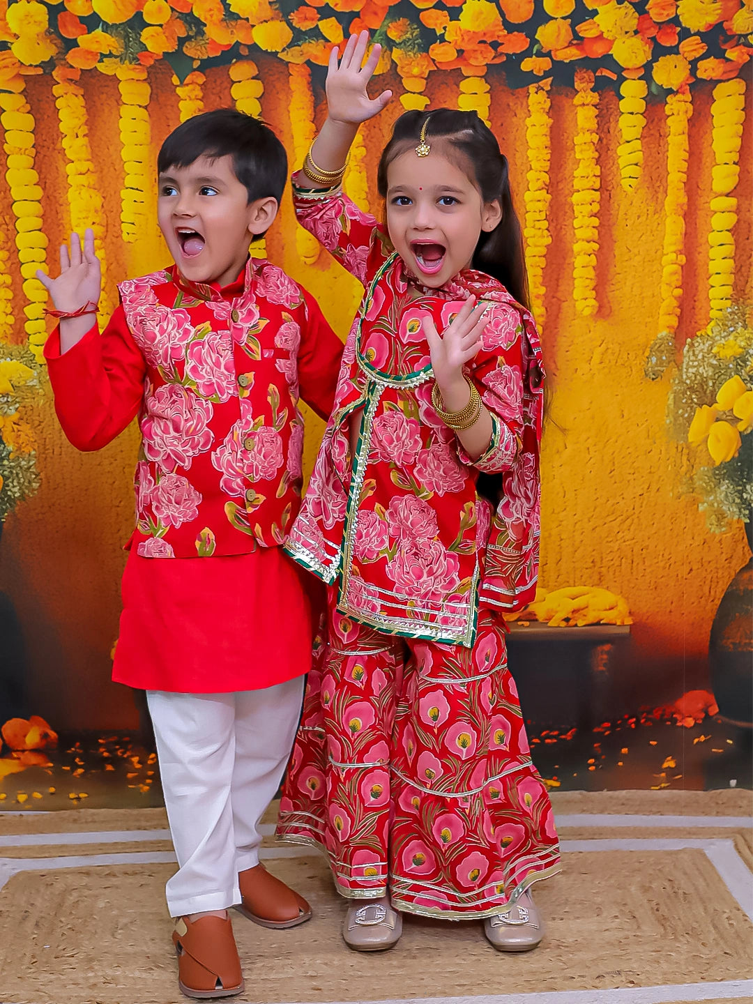 BownBee Pure Cotton Kurta Pajama Printed Jacket Set for Boys with Printed Kurta Sharara Dupatta Set for Girls