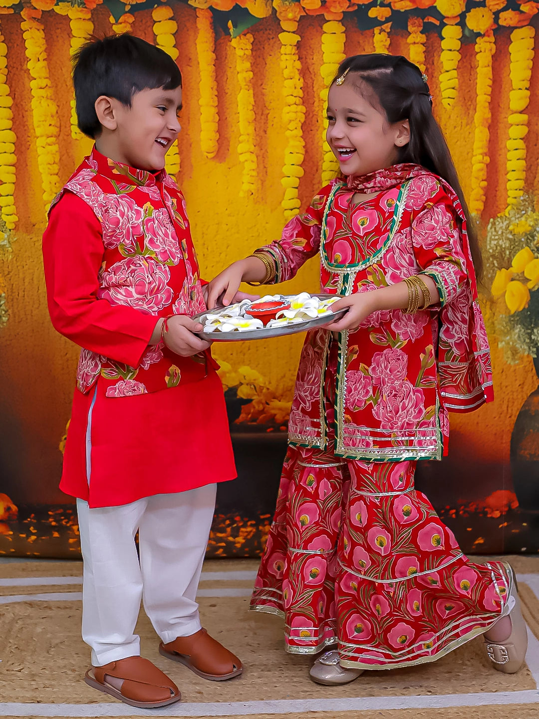 BownBee Pure Cotton Kurta Pajama Printed Jacket Set for Boys with Printed Kurta Sharara Dupatta Set for Girls
