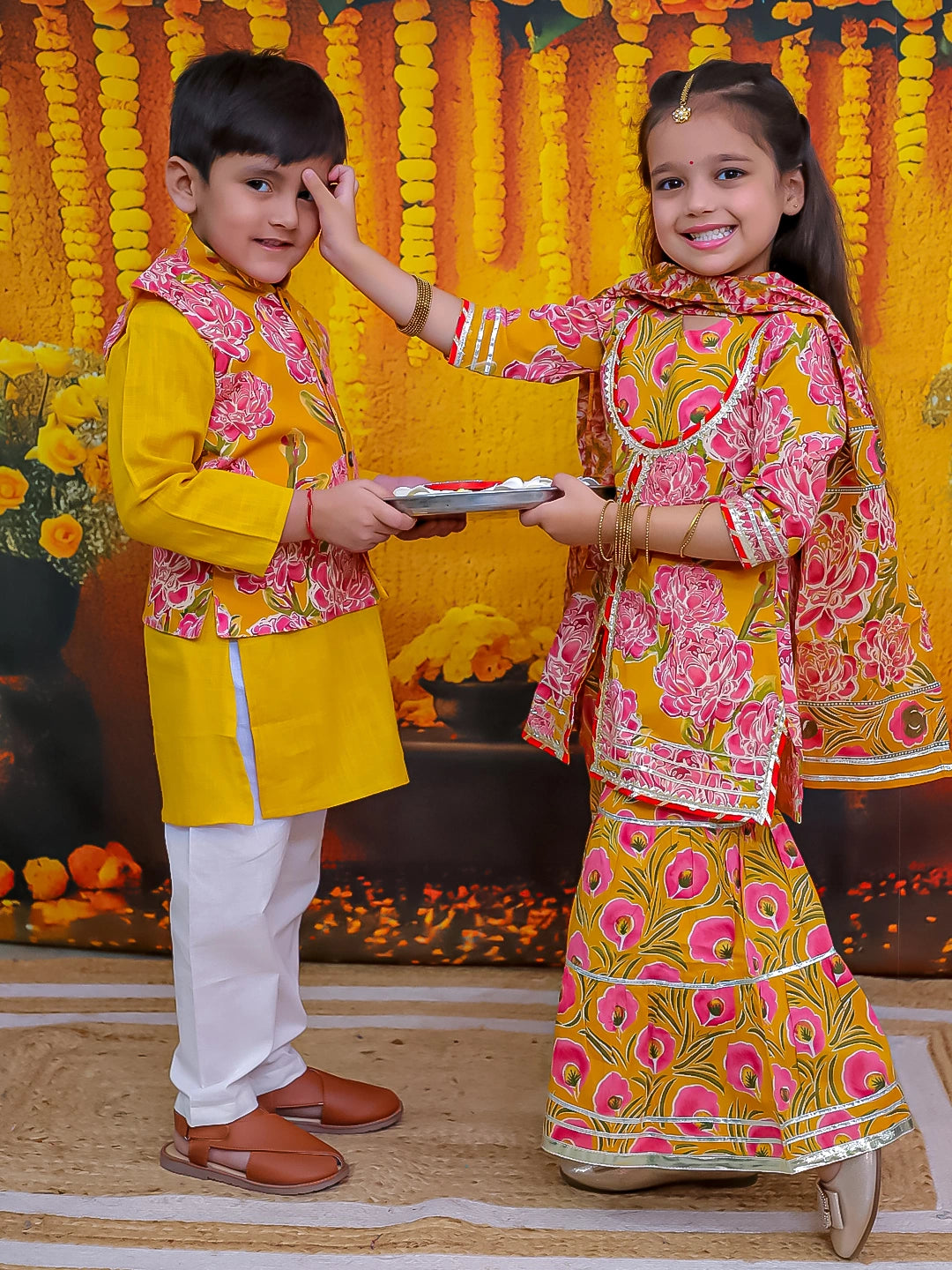 BownBee Pure Cotton Kurta Pajama Printed Jacket Set for Boys with Printed Kurta Sharara Dupatta Set for Girls- Yellow