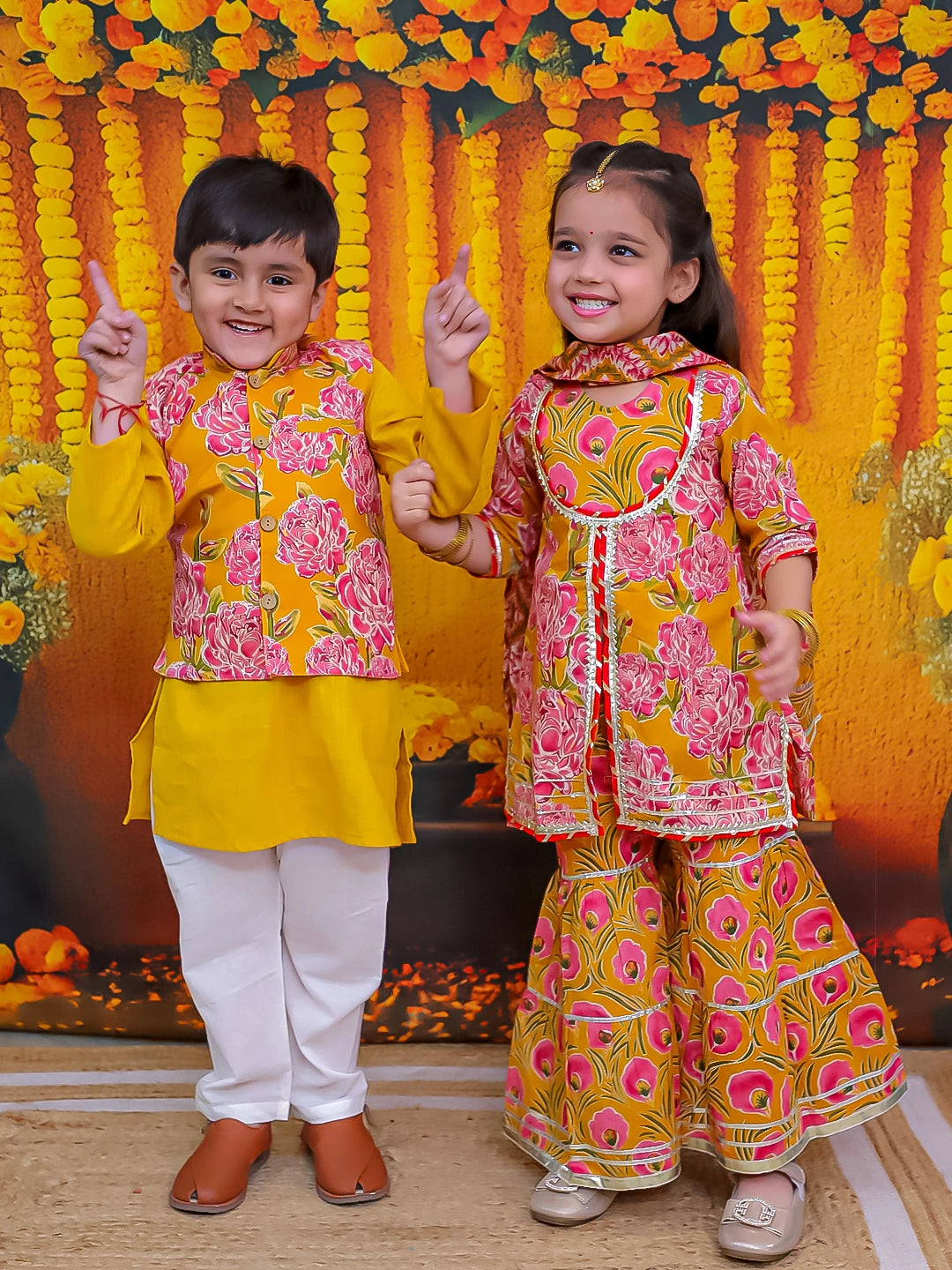 BownBee Pure Cotton Kurta Pajama Printed Jacket Set for Boys with Printed Kurta Sharara Dupatta Set for Girls- Yellow